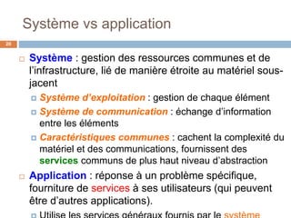 Système vs application
20
 Système : gestion des ressources communes et de
l’infrastructure, lié de manière étroite au matériel sous-
jacent
 Système d’exploitation : gestion de chaque élément
 Système de communication : échange d’information
entre les éléments
 Caractéristiques communes : cachent la complexité du
matériel et des communications, fournissent des
services communs de plus haut niveau d’abstraction
 Application : réponse à un problème spécifique,
fourniture de services à ses utilisateurs (qui peuvent
être d’autres applications).
 