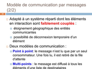 Modèle de communication par messages
(2/2)
24
 Adapté à un système réparti dont les éléments
en interaction sont faiblement couplés :
 éloignement géographique des entités
communicantes
 possibilité de déconnexion temporaire d’un
élément
 Deux modèles de communication :
 Point à point: le message n’est lu que par un seul
consommateur. Une fois lu, il est retiré de la file
d'attente
 Multi-points : le message est diffusé à tous les
éléments d’une liste de destinataires
 