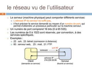 le réseau vu de l’utilisateur
42
 Le serveur (machine physique) peut comporter différents services:
 L’adresse IP du serveur ne suffit pas,
 il faut préciser le service demandé au moyen d’un numéro de port, qui
permet d’atteindre un processus particulier sur la machine serveur.
 Un numéro de port comprend 16 bits (0 à 65 535).
 Les numéros de 0 à 1023 sont réservés, par convention, à des
services spécifiques.
 Exemples :
 22 : ssh, 23 :telnet (connexion à distance)
 80 : serveur web, 25 : mail, 21: FTP
 