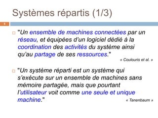 Systèmes répartis (1/3)
 "Un ensemble de machines connectées par un
réseau, et équipées d’un logiciel dédié à la
coordination des activités du système ainsi
qu’au partage de ses ressources."
6
 "Un système réparti est un système qui
s’exécute sur un ensemble de machines sans
mémoire partagée, mais que pourtant
l’utilisateur voit comme une seule et unique
machine."
« Coulouris et al. »
« Tanenbaum »
 