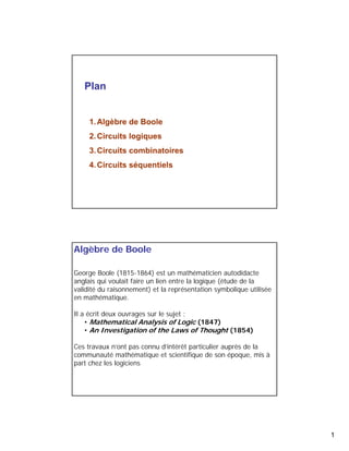 1 
Plan 
1.Algèbre de Boole 
2. Circuits logiques 
3. Circuits combinatoires 
4. Circuits séquentiels 
Algèbre de Boole 
•Chapitre 1 
•Algèbre binaire 
•Écriture et simplification des fonctions 
logiques 
George Boole (1815-1864) est un mathématicien autodidacte 
anglais qui voulait faire un lien entre la logique (étude de la 
validité du raisonnement) et la représentation symbolique utilisée 
en mathématique. 
Il a écrit deux ouvrages sur le sujet : 
• Mathematical Analysis of Logic (1847) 
• An Investigation of the Laws of Thought (1854) 
Ces travaux n’ont pas connu d’intérêt particulier auprès de la 
communauté mathématique et scientifique de son époque, mis à 
part chez les logiciens 
 