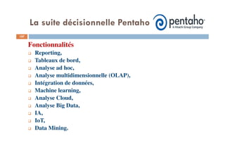 107
Fonctionnalités
Reporting,
Tableaux de bord,
Analyse ad hoc,
Analyse multidimensionnelle (OLAP),
Intégration de données,
Machine learning,
Analyse Cloud,
Analyse Big Data,
IA,
IoT,
Data Mining.
La suite décisionnelle Pentaho
 