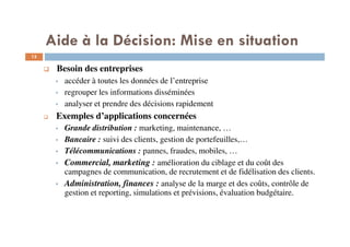 Aide à la Décision: Mise en situation
13
Besoin des entreprises
accéder à toutes les données de l’entreprise
regrouper les informations disséminées
analyser et prendre des décisions rapidement
Exemples d’applications concernées
Grande distribution : marketing, maintenance, …
Bancaire : suivi des clients, gestion de portefeuilles,…
Télécommunications : pannes, fraudes, mobiles, …
Commercial, marketing : amélioration du ciblage et du coût des
campagnes de communication, de recrutement et de fidélisation des clients.
Administration, finances : analyse de la marge et des coûts, contrôle de
gestion et reporting, simulations et prévisions, évaluation budgétaire.
 