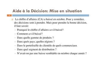 14
Le chiffre d’affaires (CA) a baissé en octobre. Pour y remédier,
des décisions sont à prendre. Mais pour prendre la bonne décision,
il faut savoir:
Pourquoi le chiffre d’affaires a-t-il baissé?
Comment a-t-il baissé?
Dans quelle gamme de produits ?
Dans quels pays, quelles régions ?
Dans le portefeuille de clientèle de quels commerciaux
Dans quel segment de distribution ?
N’avait-on pas une baisse semblable en octobre chaque année ?
Aide à la Décision: Mise en situation
 