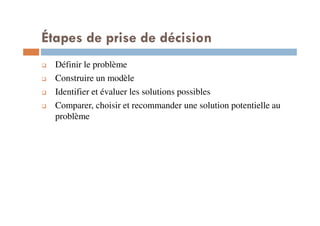 Étapes de prise de décision
Définir le problème
Construire un modèle
Identifier et évaluer les solutions possibles
Comparer, choisir et recommander une solution potentielle au
problème
 