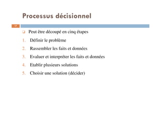 Processus décisionnel
17
Peut être découpé en cinq étapes
1. Définir le problème
2. Rassembler les faits et données
3. Evaluer et interpréter les faits et données
4. Etablir plusieurs solutions
5. Choisir une solution (décider)
 