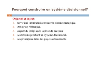 Pourquoi construire un système décisionnel?
25
Objectifs et enjeux
1. Servir une information considérée comme stratégique.
2. Définir un référentiel.
3. Gagner du temps dans la prise de décision
4. Les besoins justifiant un système décisionnel.
5. Les principaux défis des projets décisionnels.
 