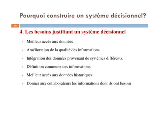 4. Les besoins justifiant un système décisionnel
30
Meilleur accès aux données
Amélioration de la qualité des informations.
Intégration des données provenant de systèmes différents.
Définition commune des informations.
Meilleur accès aux données historiques.
Donner aux collaborateurs les informations dont ils ont besoin
Pourquoi construire un système décisionnel?
 