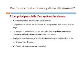 5. Les principaux défis d’un système décisionnel
31
Compréhension des besoins utilisateurs:
Comprendre les besoins des utilisateurs est indispensable pour la réussite d’un
projet.
Les analyser et les décrire n’est pas une tâche aisée, exprimer un concept
capable de satisfaire à ces attentes l’est encore moins.
Intégrité des données, c'est-à-dire la cohérence, la fiabilité, et la
pertinence des données.
Coût des alimentations en données
Pourquoi construire un système décisionnel?
 