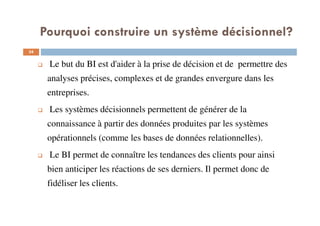 34
Le but du BI est d'aider à la prise de décision et de permettre des
analyses précises, complexes et de grandes envergure dans les
entreprises.
Les systèmes décisionnels permettent de générer de la
connaissance à partir des données produites par les systèmes
opérationnels (comme les bases de données relationnelles).
Le BI permet de connaître les tendances des clients pour ainsi
bien anticiper les réactions de ses derniers. Il permet donc de
fidéliser les clients.
Pourquoi construire un système décisionnel?
 