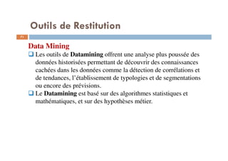 71
Data Mining
Les outils de Datamining offrent une analyse plus poussée des
données historisées permettant de découvrir des connaissances
cachées dans les données comme la détection de corrélations et
de tendances, l’établissement de typologies et de segmentations
ou encore des prévisions.
Le Datamining est basé sur des algorithmes statistiques et
mathématiques, et sur des hypothèses métier.
Outils de Restitution
 