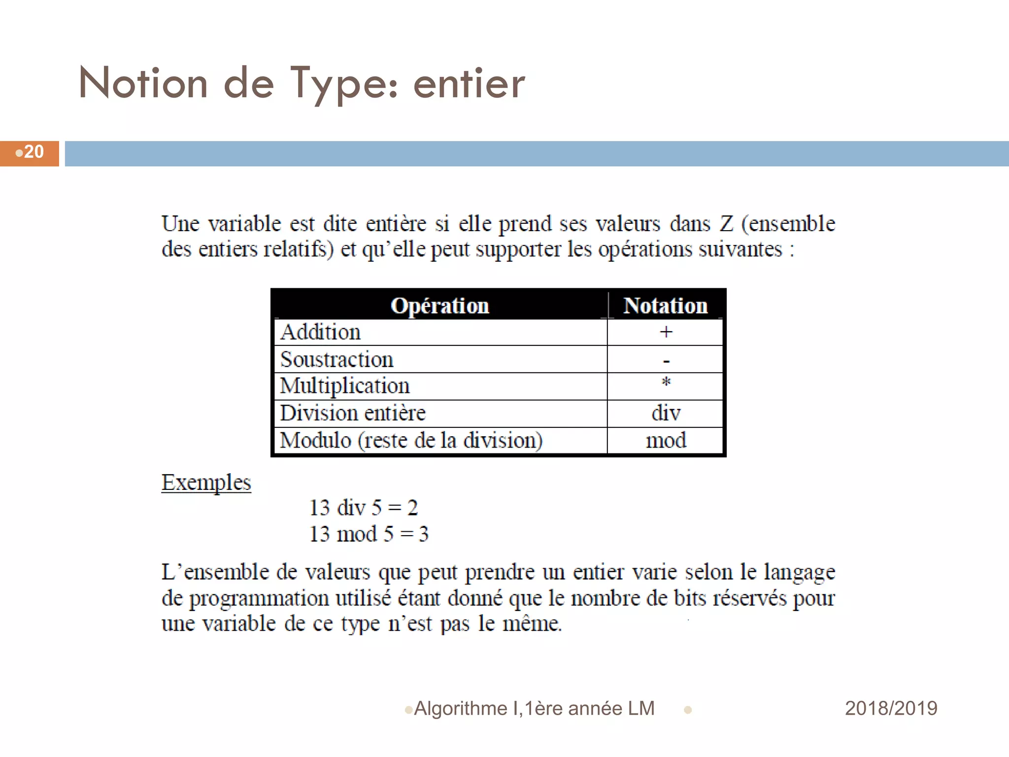 Notion de Type: entier
 2018/2019Algorithme I,1ère année LM
20
 