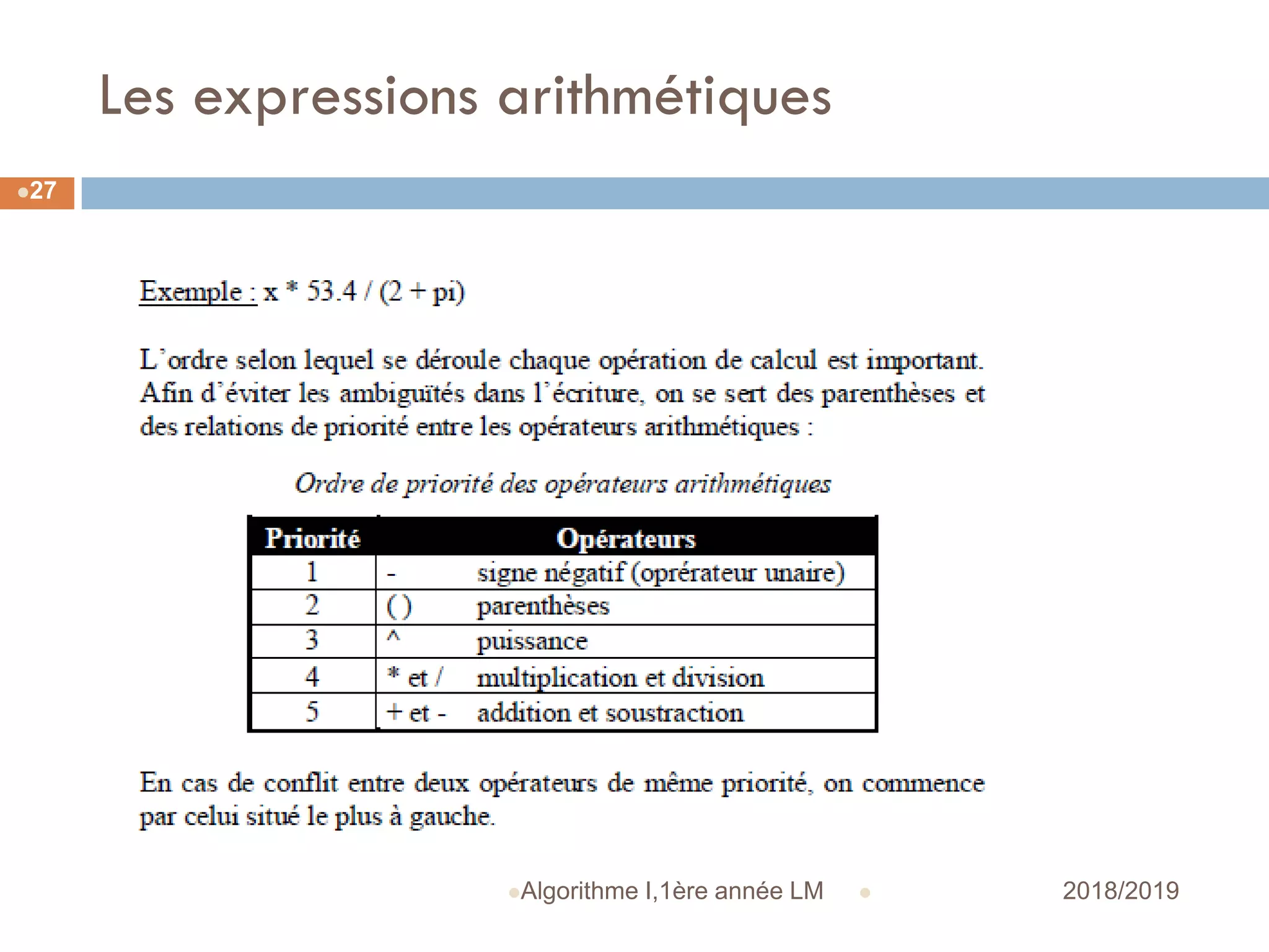 Les expressions arithmétiques
 2018/2019Algorithme I,1ère année LM
27
 