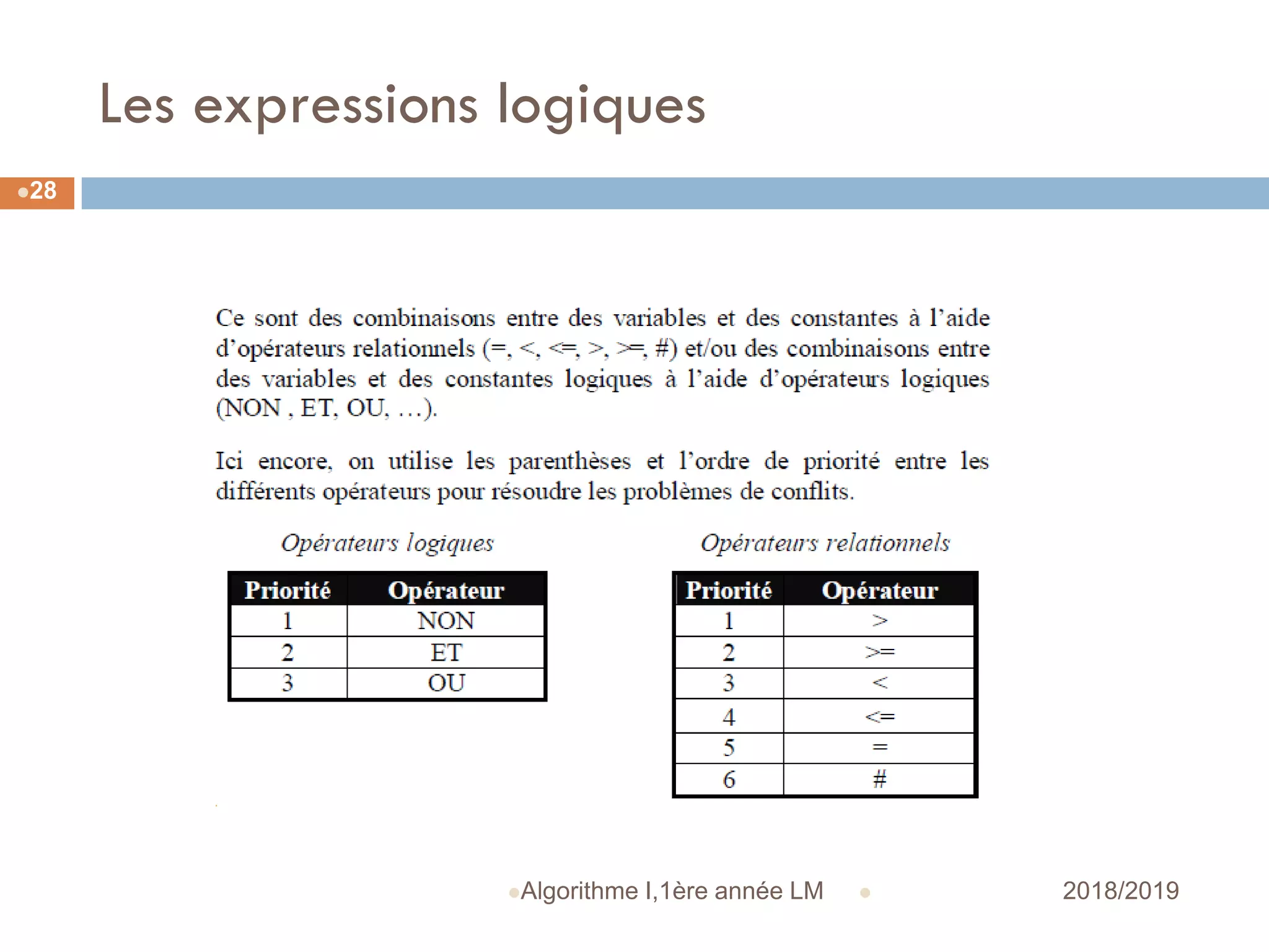Les expressions logiques
 2018/2019Algorithme I,1ère année LM
28
 