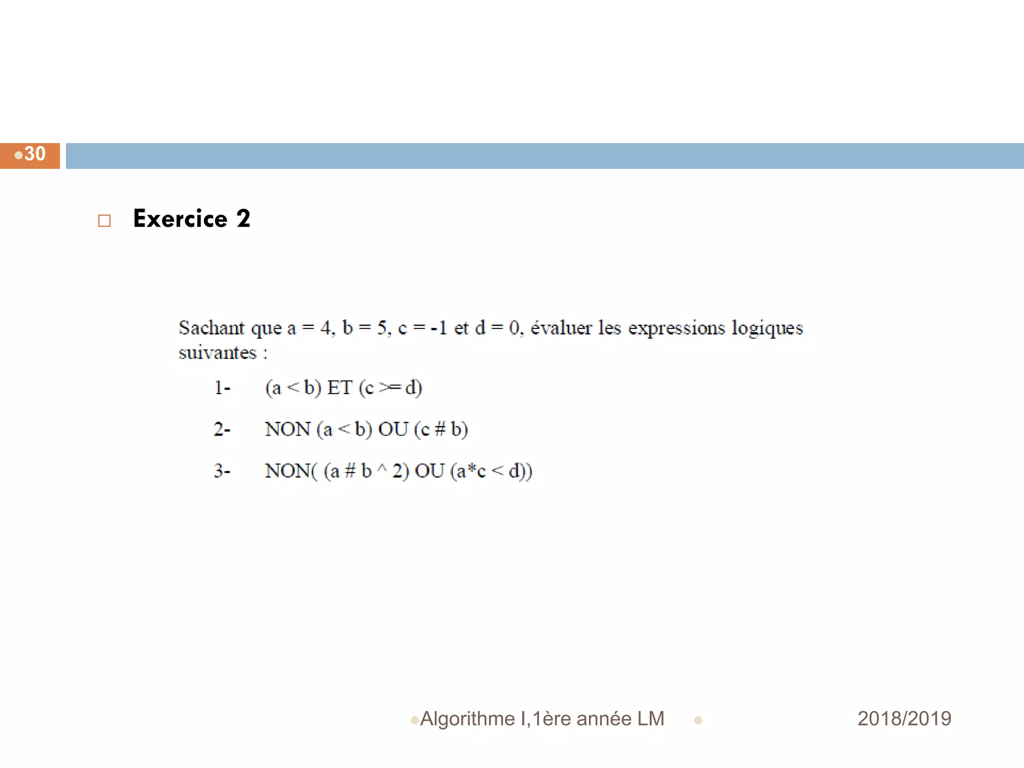  2018/2019Algorithme I,1ère année LM
30
 Exercice 2
 