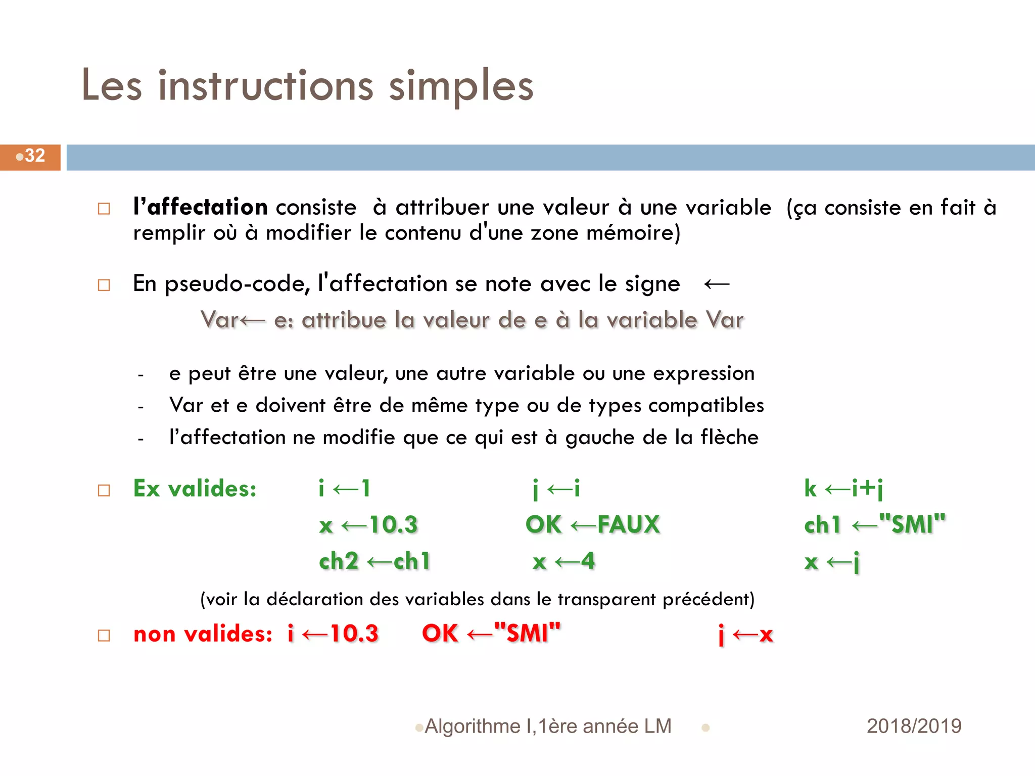 Les instructions simples
 2018/2019Algorithme I,1ère année LM
32
 l’affectation consiste à attribuer une valeur à une variable (ça consiste en fait à
remplir où à modifier le contenu d'une zone mémoire)
 En pseudo-code, l'affectation se note avec le signe ←
Var← e: attribue la valeur de e à la variable Var
- e peut être une valeur, une autre variable ou une expression
- Var et e doivent être de même type ou de types compatibles
- l’affectation ne modifie que ce qui est à gauche de la flèche
 Ex valides: i ←1 j ←i k ←i+j
x ←10.3 OK ←FAUX ch1 ←"SMI"
ch2 ←ch1 x ←4 x ←j
(voir la déclaration des variables dans le transparent précédent)
 non valides: i ←10.3 OK ←"SMI" j ←x
 