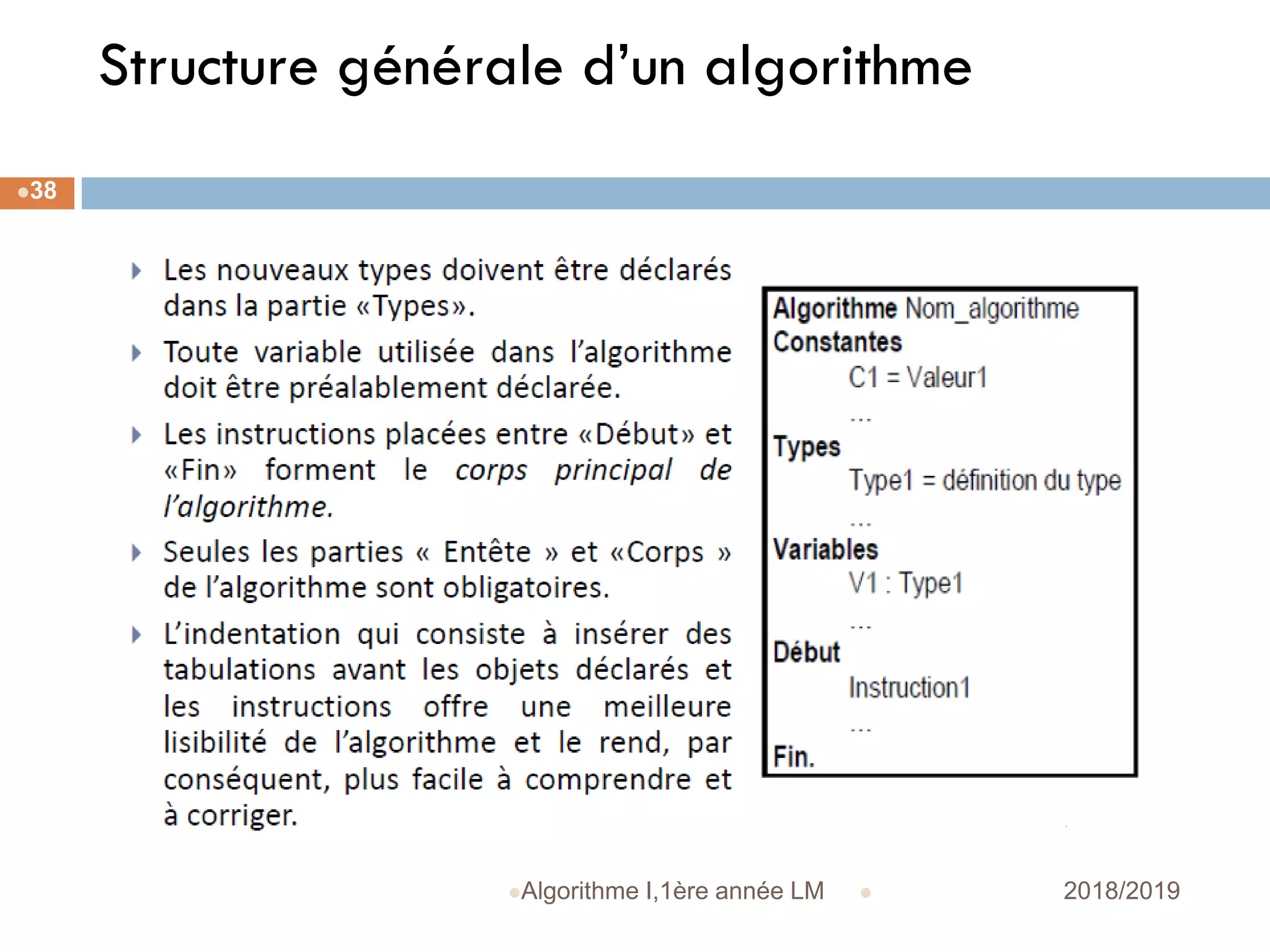 Structure générale d’un algorithme
 2018/2019Algorithme I,1ère année LM
38
 