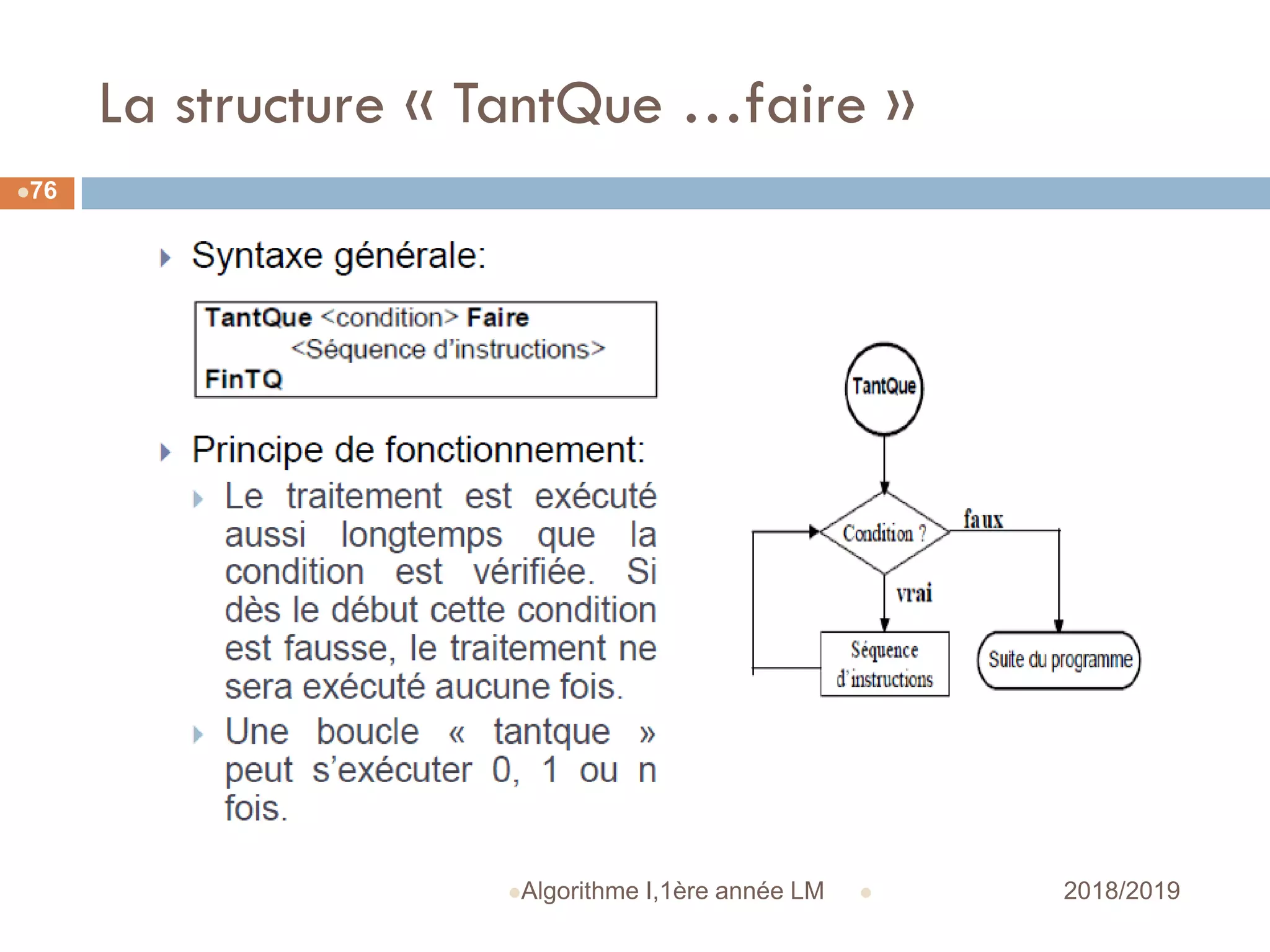 La structure « TantQue …faire »
 2018/2019Algorithme I,1ère année LM
76
 