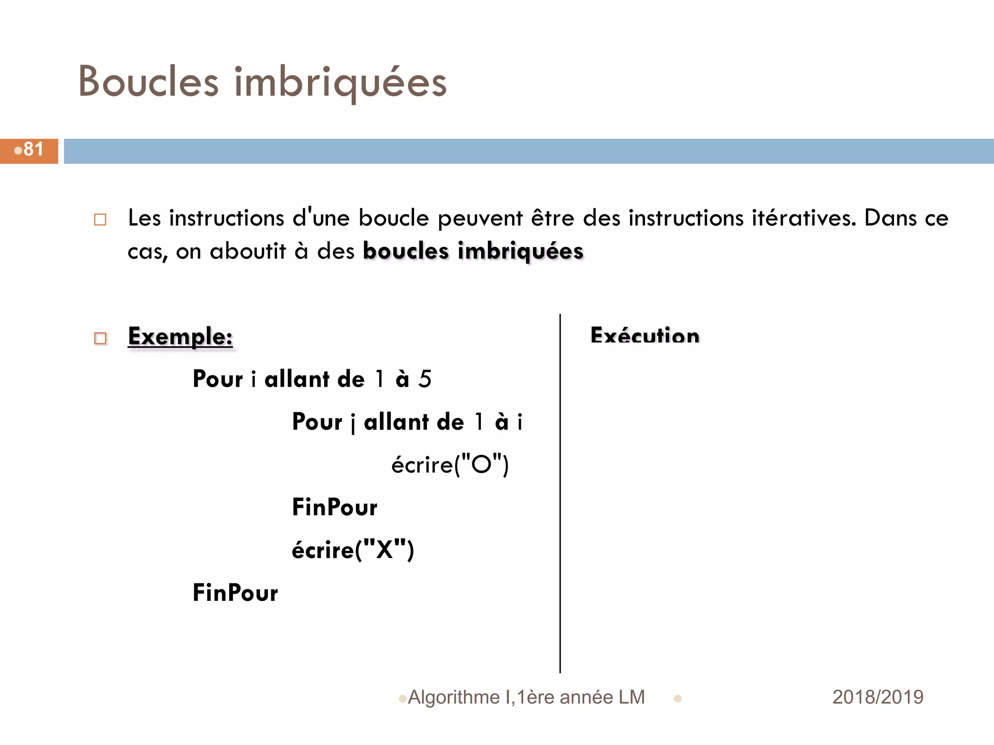 Boucles imbriquées
 2018/2019Algorithme I,1ère année LM
81
 Les instructions d'une boucle peuvent être des instructions itératives. Dans ce
cas, on aboutit à des boucles imbriquées
 Exemple: Exécution
Pour i allant de 1 à 5 OX
Pour j allant de 1 à i OOX
écrire("O") OOOX
FinPour OOOOX
écrire("X") OOOOOX
FinPour
 
