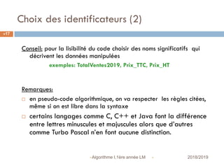 Choix des identificateurs (2)
 2018/2019Algorithme I,1ère année LM
17
Conseil: pour la lisibilité du code choisir des noms significatifs qui
décrivent les données manipulées
exemples: TotalVentes2019, Prix_TTC, Prix_HT
Remarques:
 en pseudo-code algorithmique, on va respecter les règles citées,
même si on est libre dans la syntaxe
 certains langages comme C, C++ et Java font la différence
entre lettres minuscules et majuscules alors que d’autres
comme Turbo Pascal n’en font aucune distinction.
 
