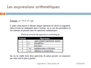 Les expressions arithmétiques
 2018/2019Algorithme I,1ère année LM
27
 
