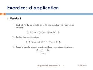 Exercices d’application
 2018/2019Algorithme I,1ère année LM
29
 Exercice 1
 