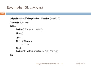 Exemple (Si…Alors)
 2018/2019Algorithme I,1ère année LM
49
Algorithme AffichageValeurAbsolue (version2)
Variable x,y : réel
Début
Ecrire (" Entrez un réel : “)
Lire (x)
y← x
Si (x < 0) alors
y ← -x
Finsi
Ecrire ("la valeur absolue de ", x, "est:",y)
Fin
 