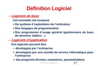 Définition Logiciel
– Logiciels de base
  Cet ensemble est composé
   Du système d’exploitation de l’ordinateur
   Des langages de programmation
   Des programmes d’usage général (gestionnaire de base
   de données, tableur…)
– Logiciels d’application
 Ces logiciels peuvent être
    développés par l’entreprise
    développés par une société de service informatique pour
   l’entreprise
    des progiciels (fermés, modulaires, paramétrables)
                      cours GPAO - O.Belkahla Driss   27
 