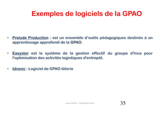 Exemples de logiciels de la GPAO


• Prelude Production : est un ensemble d’outils pédagogiques destinés à un
  apprentissage approfondi de la GPAO
                                 GPAO.

• Easystor est le système de la gestion effectif du groupe d'Inca pour
  l'optimisation des activités logistiques d'entrepôt.

• Idronic : Logiciel de GPAO tôlerie




                               cours GPAO - O.Belkahla Driss   35
 
