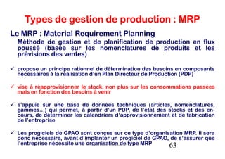 Types de gestion de production : MRP
Le MRP : Material Requirement Planning
 Méthode de gestion et de planification de production en flux
 poussé (basée sur les nomenclatures de produits et les
 prévisions des ventes)

 propose un principe rationnel de détermination des besoins en composants
 nécessaires à la réalisation d’un Plan Directeur de Production (PDP)

 vise à réapprovisionner le stock, non plus sur les consommations passées
 mais en fonction des besoins à venir

 s’appuie sur une base de données techniques (articles, nomenclatures,
 gammes…) qui permet, à partir d’un PDP, de l’état des stocks et des en-
 cours, de déterminer les calendriers d’approvisionnement et de fabrication
 de l’entreprise

 Les progiciels de GPAO sont conçus sur ce type d’organisation MRP. Il sera
 donc nécessaire, avant d’implanter un progiciel de GPAO, de s’assurer que
 l’entreprise nécessite une organisation deDriss MRP
                              cours GPAO - O.Belkahla type 63
 
