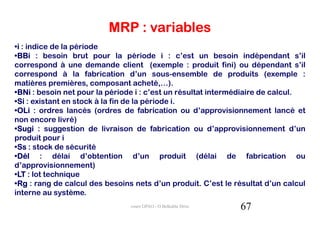 MRP : variables
•i : indice de la période
 i
•BBi : besoin brut pour la période i : c’est un besoin indépendant s’il
 BBi
correspond à une demande client (exemple : produit fini) ou dépendant s’il
correspond à la fabrication d’un sous-ensemble de produits (exemple :
matières premières, composant acheté,…).
•BNi : besoin net pour la période i : c’est un résultat intermédiaire de calcul.
 BNi
•Si : existant en stock à la fin de la période i.
 Si
•OLi : ordres lancés (ordres de fabrication ou d’approvisionnement lancé et
 OLi
non encore livré)
•Sugi : suggestion de livraison de fabrication ou d’approvisionnement d’un
 Sugi
produit pour i
•Ss : stock de sécurité
 Ss
•Dél : délai d’obtention d’un produit (délai de fabrication ou
 Dél
d’approvisionnement)
•LT : lot technique
 LT
•Rg : rang de calcul des besoins nets d’un produit. C’est le résultat d’un calcul
 Rg
interne au système.
                                cours GPAO - O.Belkahla Driss   67
 