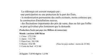 6
La sidérurgie est souvent marquée par :
-une participation ou une protection de la part des États,
- la modernisation permanente des outils existants, moins coûteuse que
la construction d'installations neuves,
- des fluctuations importantes des prix de vente, dues au fait que l'offre
ne peut qu'évoluer plus lentement que la demande.
Production d’acier par pays (en Millions de tonnes/an):
Monde : environ 1100 Mt/an
1. Chine : 272,5 Mt
2. Japon : 112,7 Mt
3. États-Unis : 98,9 Mt
4. Russie : 65,6 Mt
5. Corée du Sud : 47,5 Mt
,
,
20.Egypte : 5.8 Mt Algérie: 1.2 Mt
(Tous les pays arabes : moins de 25 Mt)
 