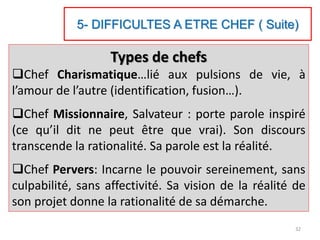 5- DIFFICULTES A ETRE CHEF ( Suite)
Types de chefs
Chef Charismatique…lié aux pulsions de vie, à
l’amour de l’autre (identification, fusion…).
Chef Missionnaire, Salvateur : porte parole inspiré
(ce qu’il dit ne peut être que vrai). Son discours
transcende la rationalité. Sa parole est la réalité.
Chef Pervers: Incarne le pouvoir sereinement, sans
culpabilité, sans affectivité. Sa vision de la réalité de
son projet donne la rationalité de sa démarche.
32
 