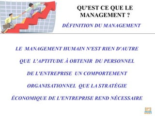 QU'EST CE QUE LE
MANAGEMENT ?
DÉFINITION DU MANAGEMENT
LE MANAGEMENT HUMAIN N'EST RIEN D'AUTRE
QUE L'APTITUDE À OBTENIR DU PERSONNEL
DE L'ENTREPRISE UN COMPORTEMENT
ORGANISATIONNEL QUE LA STRATÉGIE
ÉCONOMIQUE DE L'ENTREPRISE REND NÉCESSAIRE
 