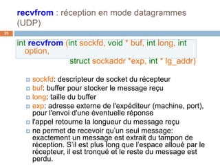 recvfrom : réception en mode datagrammes
(UDP)
25
int recvfrom (int sockfd, void * buf, int long, int
option,
struct sockaddr *exp, int * lg_addr)
 sockfd: descripteur de socket du récepteur
 buf: buffer pour stocker le message reçu
 long: taille du buffer
 exp: adresse externe de l'expéditeur (machine, port),
pour l'envoi d'une éventuelle réponse
 l'appel retourne la longueur du message reçu
 ne permet de recevoir qu’un seul message:
exactement un message est extrait du tampon de
réception. S’il est plus long que l’espace alloué par le
récepteur, il est tronqué et le reste du message est
perdu.
 