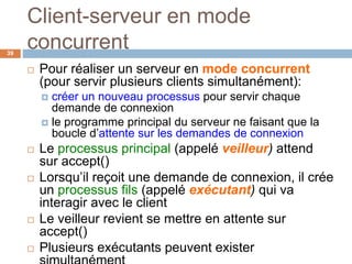Client-serveur en mode
concurrent
 Pour réaliser un serveur en mode concurrent
(pour servir plusieurs clients simultanément):
 créer un nouveau processus pour servir chaque
demande de connexion
 le programme principal du serveur ne faisant que la
boucle dʼattente sur les demandes de connexion
 Le processus principal (appelé veilleur) attend
sur accept()
 Lorsquʼil reçoit une demande de connexion, il crée
un processus fils (appelé exécutant) qui va
interagir avec le client
 Le veilleur revient se mettre en attente sur
accept()
 Plusieurs exécutants peuvent exister
39
 