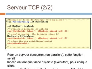 Serveur TCP (2/2)
Pour un serveur concurrent (ou parallèle): cette fonction
serait
lancée en tant que tâche disjointe (exécutant) pour chaque
client
 
