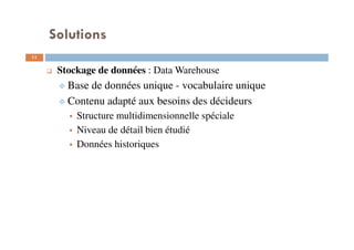 Solutions
11
Stockage de données : Data Warehouse
Base de données unique - vocabulaire unique
Contenu adapté aux besoins des décideurs
Structure multidimensionnelle spéciale
Niveau de détail bien étudié
Données historiques
 