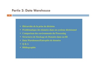 Hiérarchie de la prise de décision
Problématique des données dans un système décisionnel
Comparison des environments du Processing
Structures de Stockage de Données dans un BI
Data Warehouses/Entrepôts de données
Q & A
Bibliographie
Hiérarchie de la prise de décision
Problématique des données dans un système décisionnel
Comparison des environments du Processing
Structures de Stockage de Données dans un BI
Data Warehouses/Entrepôts de données
Q & A
Bibliographie
Partie 2: Data Warehouse
2
 