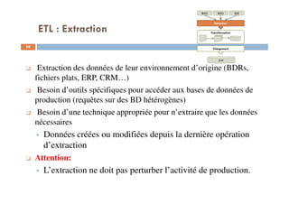 ETL : Extraction
58
Extraction des données de leur environnement d’origine (BDRs,
fichiers plats, ERP, CRM…)
Besoin d’outils spécifiques pour accéder aux bases de données de
production (requêtes sur des BD hétérogènes)
Besoin d’une technique appropriée pour n’extraire que les données
nécessaires
Données créées ou modifiées depuis la dernière opération
d’extraction
Attention:
L’extraction ne doit pas perturber l’activité de production.
BDOBDO SDE
Extraction
Transformation
Chargement
DW
 