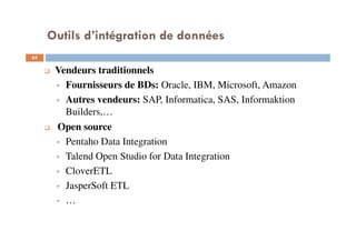 Outils d’intégration de données
Vendeurs traditionnels
Fournisseurs de BDs: Oracle, IBM, Microsoft, Amazon
Autres vendeurs: SAP, Informatica, SAS, Informaktion
Builders,…
Open source
Pentaho Data Integration
Talend Open Studio for Data Integration
CloverETL
JasperSoft ETL
…
65
 