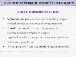 Etape 3 : recristallisation ou regel
• Appropriation par les acteurs de nouvelles pratiques
professionnelles et de nouveaux comportements
• Transformation de ces nouvelles pratiques et
nouveaux comportements en normes
organisationnelles : ancrage du changement au niveau
de la réalité quotidienne
• Retour progressif vers une stabilité organisationnelle
3) La conduite du changement : du diagnostic à la mise en œuvre
 