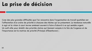 La prise de décision
L’une des plus grandes difficultés que l’on rencontre dans l’organisation du travail quotidien est
l’affectation d’un ordre de priorité à chacune des tâches qui se présentent. La tendance naturelle
à agir et la vision à court terme amènent souvent à faire d’abord à ce qui semble urgent.
Un outil utile pour établir des priorités claires qui tiennent compte à la
l’importance est la matrice de priorité (Principe d’Eisenhower) :
fois de l’urgence et de
28
 