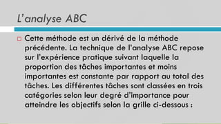L’analyse ABC
 Cette méthode est un dérivé de la méthode
précédente. La technique de l’analyse ABC repose
sur l’expérience pratique suivant laquelle la
proportion des tâches importantes et moins
importantes est constante par rapport au total des
tâches. Les différentes tâches sont classées en trois
catégories selon leur degré d’importance pour
atteindre les objectifs selon la grille ci-dessous :
 