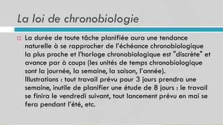 La loi de chronobiologie
35
 La durée de toute tâche planifiée aura une tendance
naturelle à se rapprocher de l’échéance chronobiologique
la plus proche et l’horloge chronobiologique est "discrète" et
avance par à coups (les unités de temps chronobiologique
sont la journée, la semaine, la saison, l’année).
Illustrations : tout travail prévu pour 3 jours prendra une
semaine, inutile de planifier une étude de 8 jours : le travail
se finira le vendredi suivant, tout lancement prévu en mai se
fera pendant l’été, etc.
 