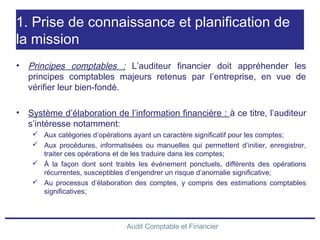 Audit Comptable et Financier
1. Prise de connaissance et planification de
la mission
• Principes comptables : L’auditeur financier doit appréhender les
principes comptables majeurs retenus par l’entreprise, en vue de
vérifier leur bien-fondé.
• Système d’élaboration de l’information financière : à ce titre, l’auditeur
s’intéresse notamment:
 Aux catégories d’opérations ayant un caractère significatif pour les comptes;
 Aux procédures, informatisées ou manuelles qui permettent d’initier, enregistrer,
traiter ces opérations et de les traduire dans les comptes;
 À la façon dont sont traités les événement ponctuels, différents des opérations
récurrentes, susceptibles d’engendrer un risque d’anomalie significative;
 Au processus d’élaboration des comptes, y compris des estimations comptables
significatives;
 