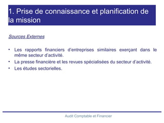 Audit Comptable et Financier
1. Prise de connaissance et planification de
la mission
Sources Externes
• Les rapports financiers d’entreprises similaires exerçant dans le
même secteur d’activité.
• La presse financière et les revues spécialisées du secteur d’activité.
• Les études sectorielles.
 