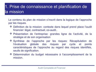 Audit Comptable et Financier
1. Prise de connaissance et planification de
la mission
Le contenu du plan de mission s’inscrit dans la logique de l’approche
par les risques.
 Définition de la mission: contexte dans lequel prend place l’audit
financier: légal, contractuel, co-audit..
 Présentation de l’entreprise: grandes ligne de l’activité, de la
stratégie et de son organisation
 Synthèse de l’approche par les risques: Récapitulation de
l’évaluation globale des risques par cycle et points
caractéristiques de l’approche au regard des risques identifiés,
seuils de signification.
 Détermination du budget nécessaire à l’accomplissement de la
mission.
 