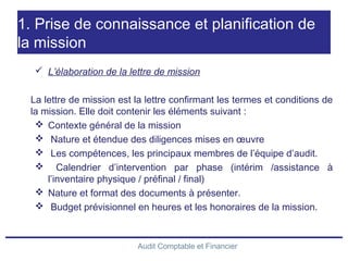 Audit Comptable et Financier
1. Prise de connaissance et planification de
la mission
 L’élaboration de la lettre de mission
La lettre de mission est la lettre confirmant les termes et conditions de
la mission. Elle doit contenir les éléments suivant :
 Contexte général de la mission
 Nature et étendue des diligences mises en œuvre
 Les compétences, les principaux membres de l’équipe d’audit.
 Calendrier d’intervention par phase (intérim /assistance à
l’inventaire physique / préfinal / final)
 Nature et format des documents à présenter.
 Budget prévisionnel en heures et les honoraires de la mission.
 