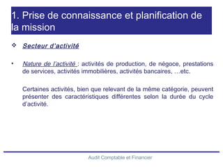 Audit Comptable et Financier
1. Prise de connaissance et planification de
la mission
 Secteur d’activité
• Nature de l’activité : activités de production, de négoce, prestations
de services, activités immobilières, activités bancaires, …etc.
Certaines activités, bien que relevant de la même catégorie, peuvent
présenter des caractéristiques différentes selon la durée du cycle
d’activité.
 
